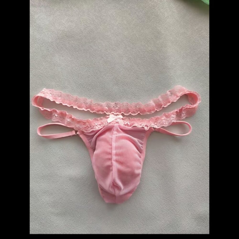 3 Men's Sexy Lace Thongs, Lace Waistband, Bow, Semi-Transparent Material